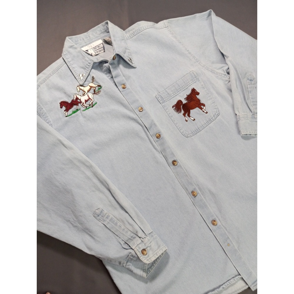 Embroidered 90s Denim Western Button-Down Shirt with Horses Size Small